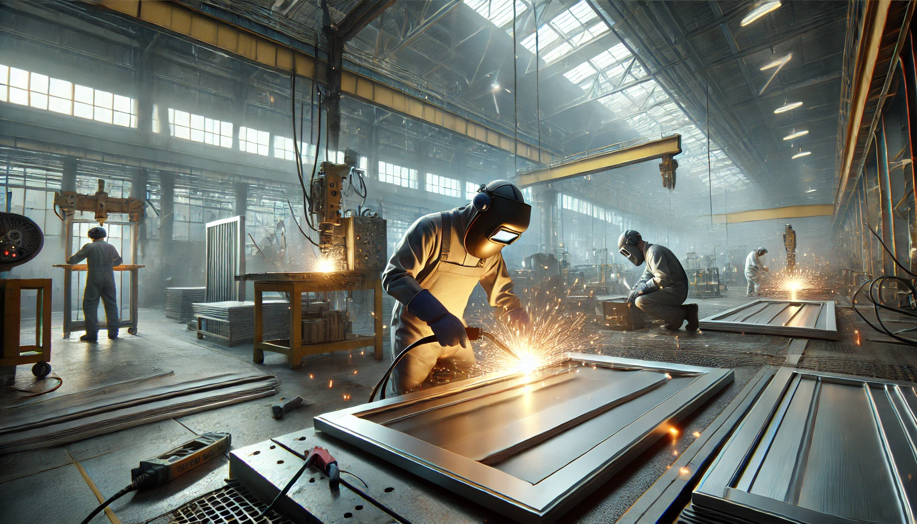 DALL·E 2024-12-28 23.46.04 – A realistic and professional scene showing workers crafting metal doors in a factory. The setting includes industrial machinery, metal sheets, and spa